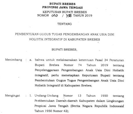 Surat Keputusan Bupati Brebes Nomor 50/738 Tahun 2019